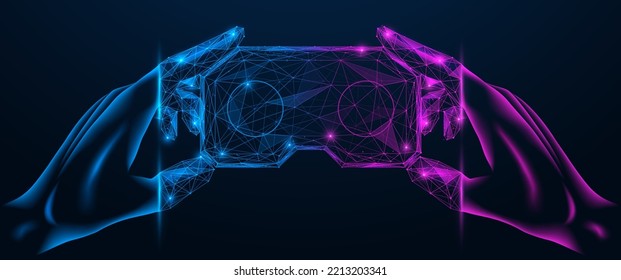 Hands holding virtual reality glasses. Transition to the digital space. Polygonal design of interconnected lines and particles.