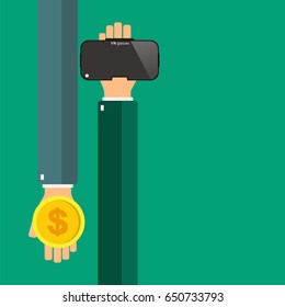 Hands holding virtual reality glasses. Buying virtual reality glasses. Vector illustration.