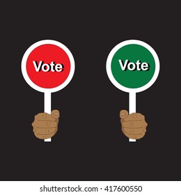 Hands holding Vote paddles, vector illustration