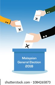 Hands Holding Voting Card To Put Into Ballot Box For Vote In A Democracy Malaysian General Election Process. Illustration Vector. EPS10