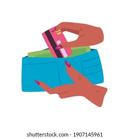 Hands holding wallet and credit card of money financial business banking commerce and market theme Vector illustration