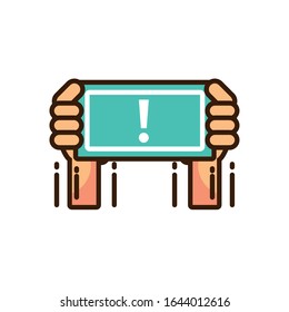 mano portando un icono de aviso sobre fondo blanco, estilo de relleno colorido, diseño de ilustración vectorial