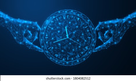 Hands holding the watch. The concept of time management. Reminder of the deadline for completing tasks. Low-poly construction of lines and points. Blue background.