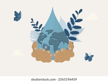 Hands Holding Water Drop Earth. illustration depicting hands holding a water drop containing world map, symbolizing environmental conservation. Save water illustration 