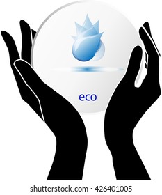 Hands holding water drop, eco vector icon
