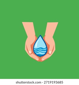 Hände halten Wassertropfen im flachen Stil für die Erhaltung Konzept. Perfekt für Pflegethemen, Charity-Visuals, Sensibilisierungskampagnen und Nachhaltigkeitsdesign.