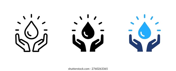 Hands holding water drop icon. Save water and purity symbol. Hydration, fresh and clean liquid sign. Droplet and conservation concept representing healthy and eco-friendly water.