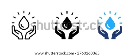 Hands holding water drop icon. Save water and purity symbol. Hydration, fresh and clean liquid sign. Droplet and conservation concept representing healthy and eco-friendly water.