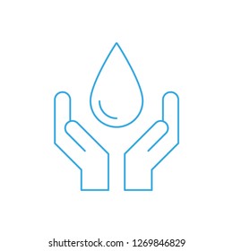 Hands holding water drop, linear vector icon