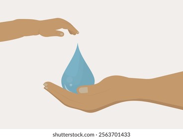 Hands Holding a Water Droplet with child's hand protecting it. hands symbolizing water conservation, protection, and care, featuring a blue droplet and nurturing gestures. World water day. Water 