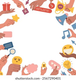 hands holding. web icons in hands clouds arrows emoticons stars and bubble talks pictures set