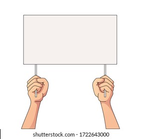 manos con papel blanco. Marchante sostiene carteles. Concepto de lucha por los derechos. Cartel de protesta vacío. Cartel de propaganda o tarjeta publicitaria. Ilustración aislada del material vectorial en blanco