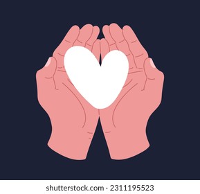 Hands holding white heart concept. Metaphor of donations and donations to fund or charitable organization. Help and support, good relations, kindness. Cartoon flat vector illustration