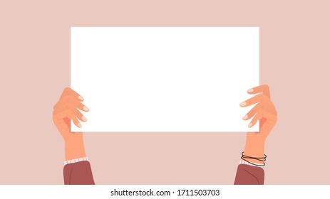 Hands holding white paper raised on air. Cartoon style. Vector illustration.