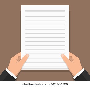 Hands holding white paper with text - document, contract, agreement, newspaper, etc, flat design, vector eps10 illustration