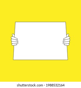 hands holding white poster. empty sheet of paper for advertising, announcement, protest, demand, tagline or news. simple big blank banner. black linear sign on yellow background
