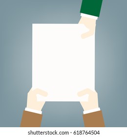 hands holding white sheet. concept of notice. flat style modern design vector illustration on  blue background