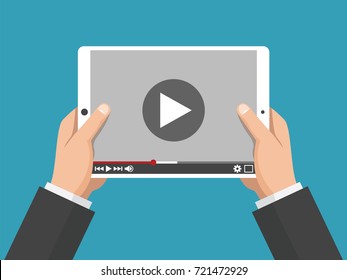 Hands holding holding white tablet computer with video player on screen. Digital tablet pc. Vector flat design concept online video