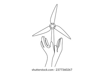 Manos sosteniendo un generador eólico. Conservación de la energía. Día Mundial del Ahorro de Energía. Un dibujo de línea para diferentes usos. Ilustración vectorial.