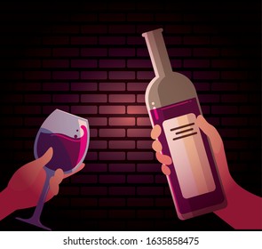 Hands holding wine bottle and cup design, Winery alcohol drink beverage restaurant and celebration theme Vector illustration
