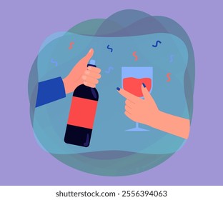 Hands holding wine bottle and glass. Wineglass and alcoholic drink, people celebrating birthday flat vector illustration. Celebration, alcohol concept for banner, website design or landing web page