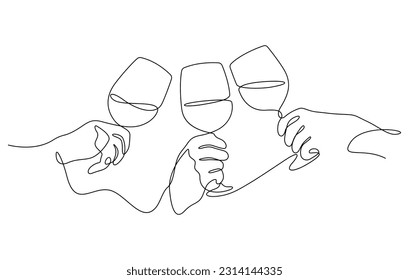 hands holding wine or champagne glasses celebratory toast clinking with friends in one line drawing vector illustration