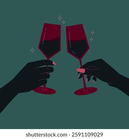 Hands holding wine, clinking glasses in dark colors