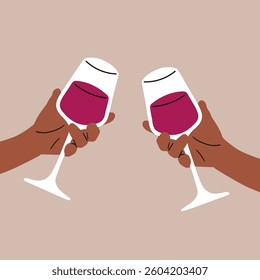 Hands holding wine glasses in cartoon style. Vector illustration.