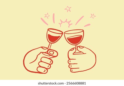 Hands Holding Wine Glasses. Celebration, Holiday and Party Time. Happy Time. Minimal Handwritten Vector Design