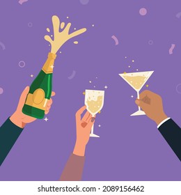 Hands holding wine glasses, champagne, celebrating holidays concept.