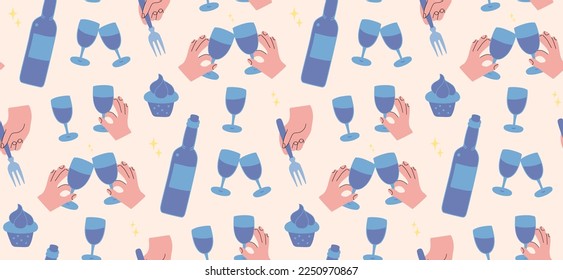 Hands holding wine glasses, clinking glasses, bottle with wine and cupcake. Seamless pattern modern vector illustration