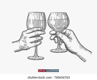Manos sosteniendo gafas de vino. Ilustración vectorial de estilo grabado. Plantilla para las obras de diseño.