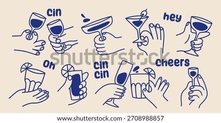 Hands holding wine glasses. Hand drawn doodle stickers of characters hands cheering and cin cin with cocktails. Celebrating holiday. Outline vector illustration collection isolated on background