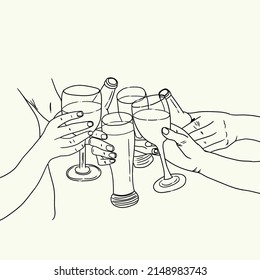 Hands holding wine glasses, joyful party with friends and colleagues