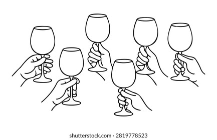 Hands holding wine glasses in a toast with celebration drinking gathering