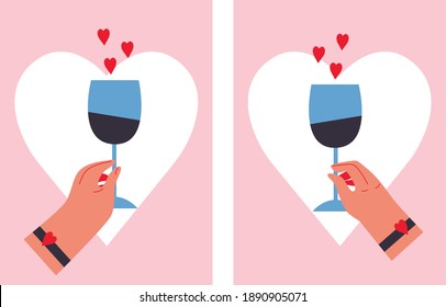 Manos con vino y vector cardíaco. Conceptos de amor, elementos de diseño de pegatinas. Tarjeta de bienvenida de San Valentín. Amor con gestos de mano. Ilustración del día de San Valentín al estilo vintage.