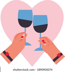 Hands holding wine and heart vector. Love concepts, sticker design elements. Valentine's day greeting card. Love holding hands gestures. Illustration for Valentine's day in the vintage style.