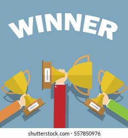 Hands holding winner's cups. Flat design