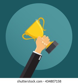 Hands holding winner's trophy award - Vector illustration.