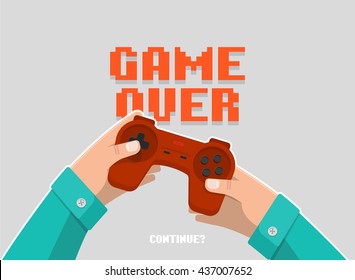 Hands holding wireless gamepad, controller, end of game, game over, red joystick. Isolated flat style vector illustration. 