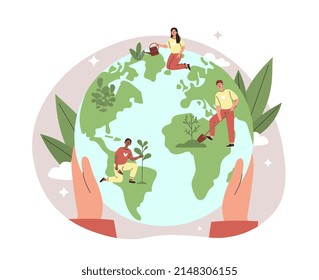 Manos sosteniendo el mundo. Cuidando del planeta, los ecologistas plantan árboles, reducen la liberación de residuos dañinos. Voluntarios y caridad. Sociedad responsable, limpieza de la Tierra. Dibujo vectorial plano de dibujos animados