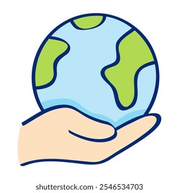 Hands holding the world icon in lineal color style. Global Awareness icon. Care and Responsibility icon in lineal color style