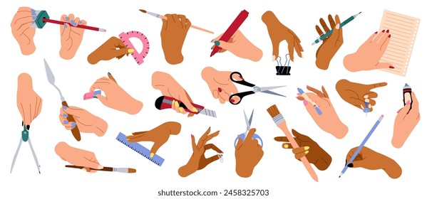 Hands holding writing supplies. Human arms with stationery, scissors, cutters and sharpeners, brush and paint, different finger positions, cartoon flat style isolated tidy vector set