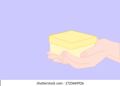 Hands is holding the yellow box. greeting season and celebration on holiday. Love, enjoy sharing, birthday, giving concept. 
