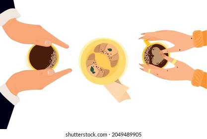 Hands are holding yellow cups of coffee.