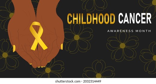 Hands holding yellow gold ribbon. Childhood cancer Awareness month. Vector banner