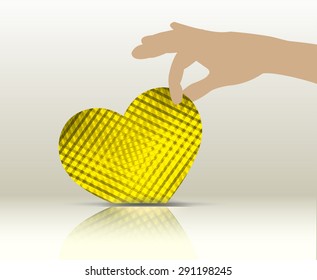 Hands holding yellow heart. Drops. white background.