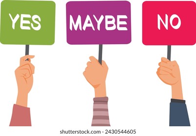 
Hands Holding Yes, No and Maybe Signs Vector cartoon Illustration. Different people having mixed opinions on the same subject topic
