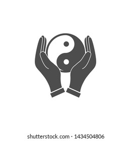 Hands holding yin yang icon. Vector illustration, flat design.