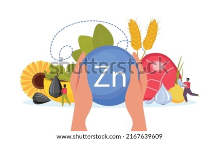 Hands holding zinc micro element with healthy food in background flat composition vector illustration